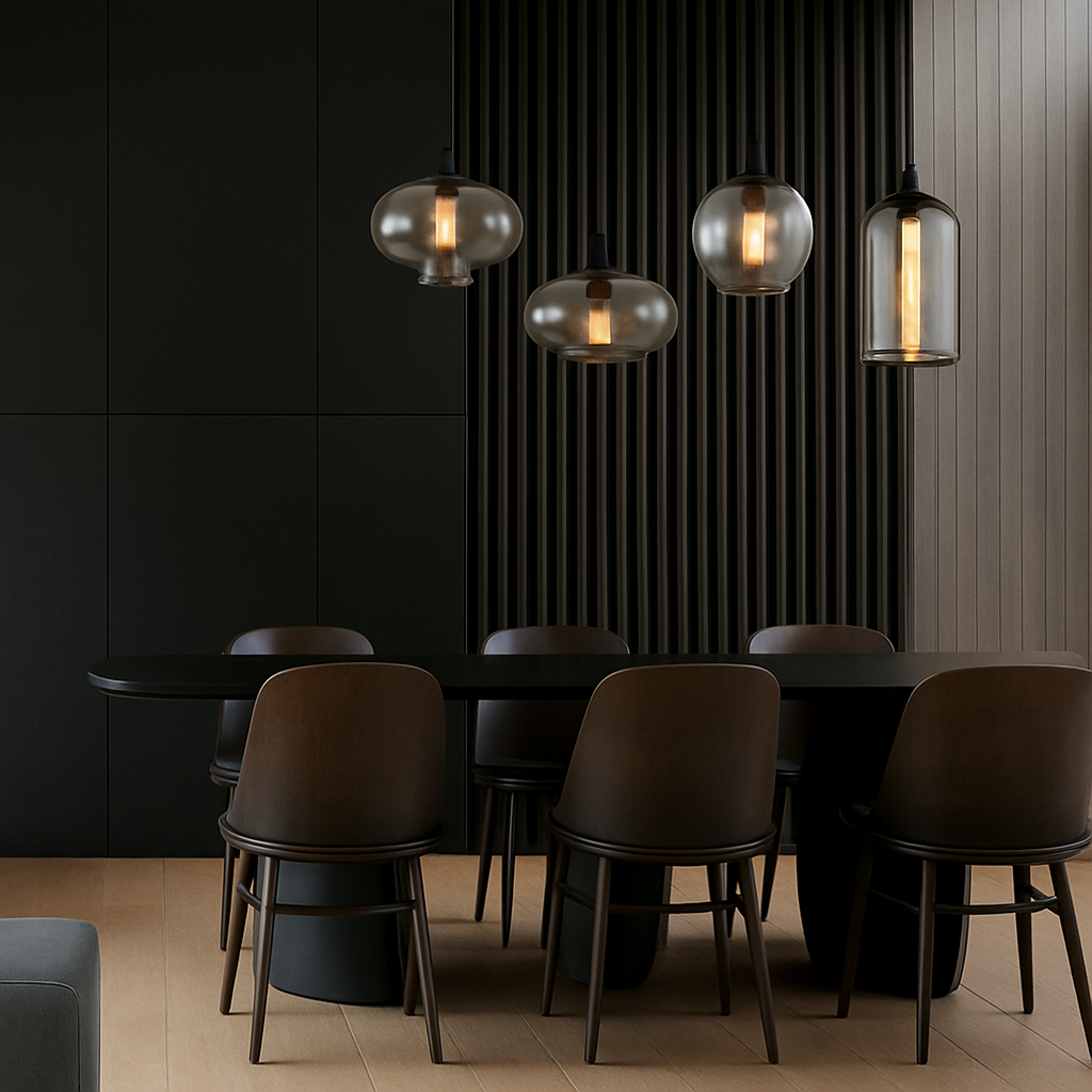 Suspension design LED aux formes arrondies en verre avec ampoule industrielle
